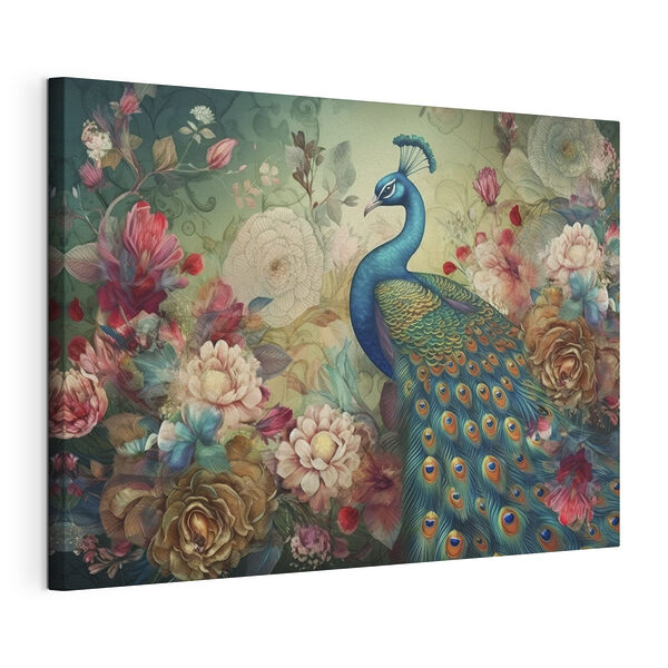 Stampa su tela Un elegante pavone tra fiori dai colori vivaci
