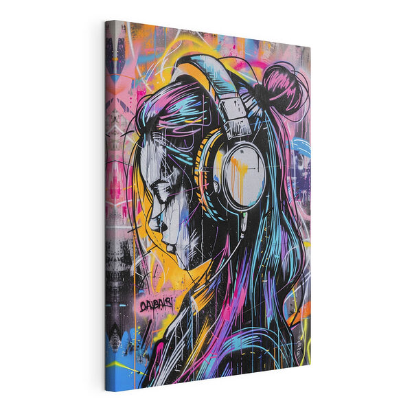 Graffito raffigurante una donna con le cuffie Stampa su tela Graffito raffigurante una donna con le cuffie