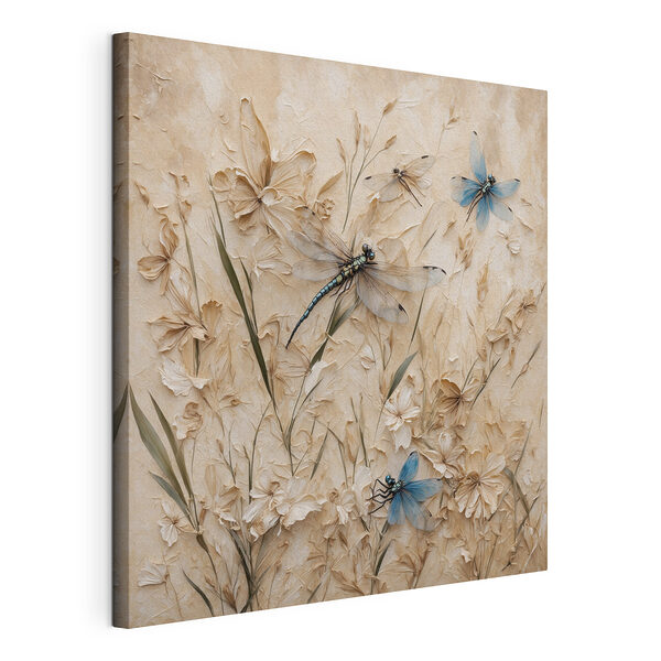 Libellule e fiori su un muro Stampa su tela Libellule e fiori su un muro