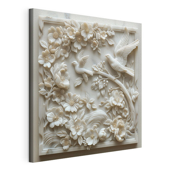 Stampa su tela Scultura bianca raffigurante uccelli e fiori