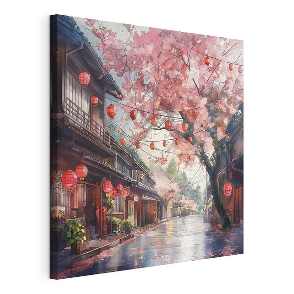 Stampa su tela Via con lanterne rosa e alberi