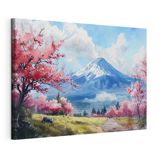 Stampa su tela Montagna con fiori rosa