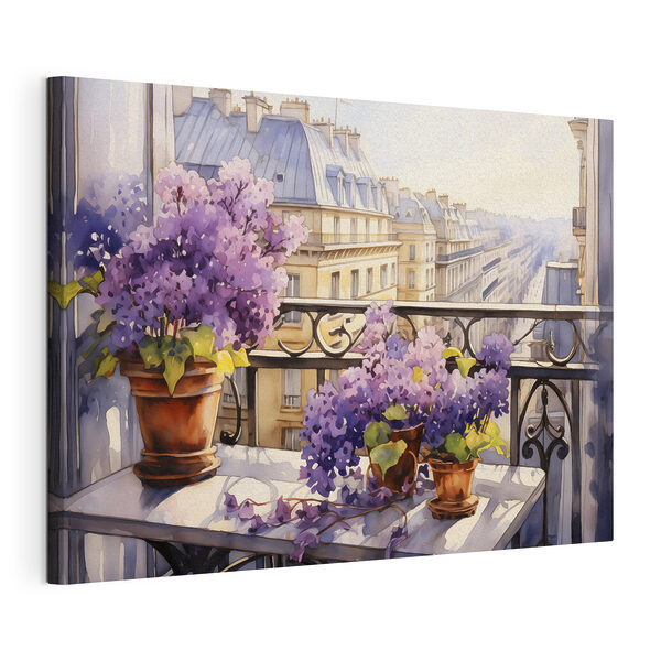 Stampa su tela Acquerello raffigurante un balcone con fiori viola (COD: s39931) Stampa su tela Stampa su tela Acquerello raffigurante un balcone con fiori viola (COD: s39931)