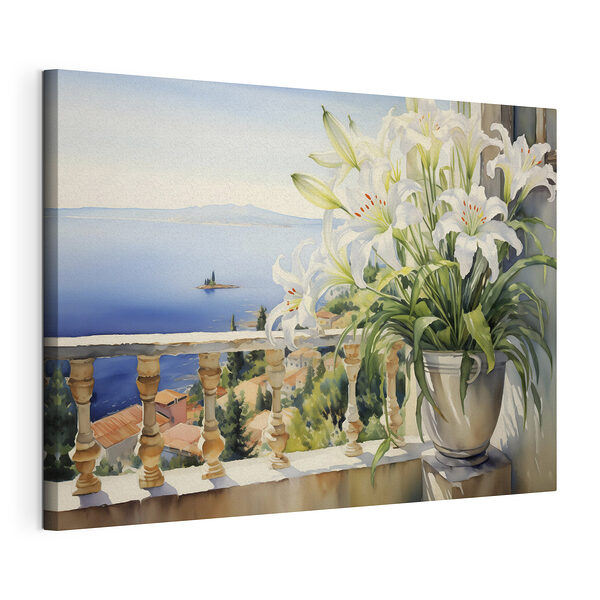 Dipinto raffigurante un balcone con vista sulla città e sul mare Stampa su tela Dipinto raffigurante un balcone con vista sulla città e sul mare