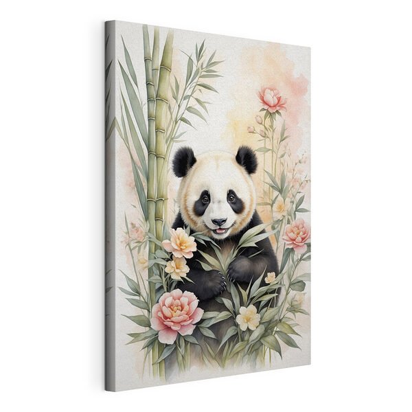 Stampa su tela Orso panda con fiori e bambù