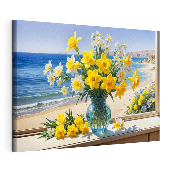 Vaso con fiori gialli e bianchi sul davanzale di una finestra Stampa su tela Vaso con fiori gialli e bianchi sul davanzale di una finestra