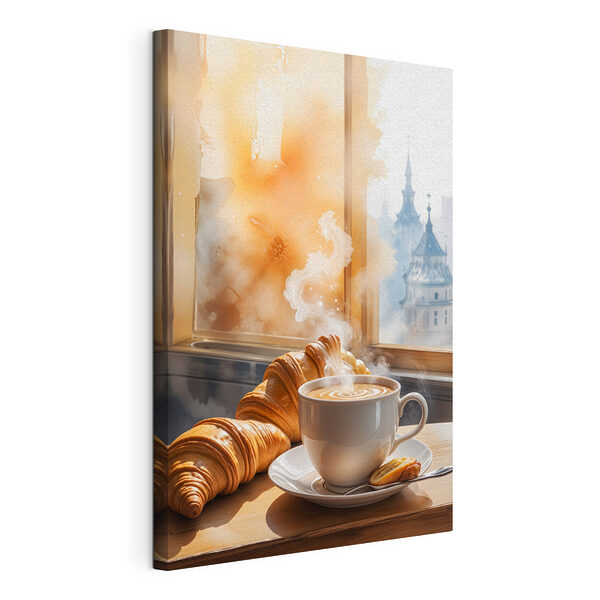 Una tazza di caffè e dei croissant su un tavolo Stampa su tela Una tazza di caffè e dei croissant su un tavolo