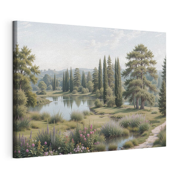 Stampa su tela Lago con alberi, erba e fiori