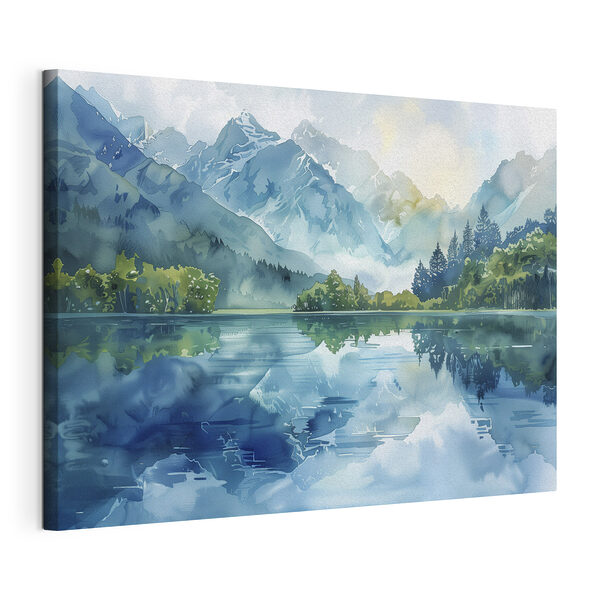 Acquerello raffigurante un lago con alberi e montagne sullo sfondo Stampa su tela Acquerello raffigurante un lago con alberi e montagne sullo sfondo