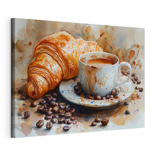 Acquerello raffigurante una tazza di caffè e un croissant Stampa su tela Acquerello raffigurante una tazza di caffè e un croissant
