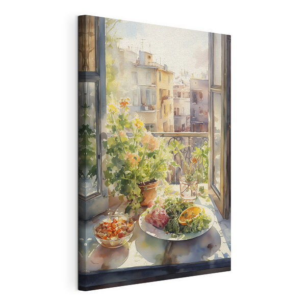 Acquerello raffigurante un tavolo con cibo e fiori davanti a una finestra Stampa su tela Acquerello raffigurante un tavolo con cibo e fiori davanti a una finestra