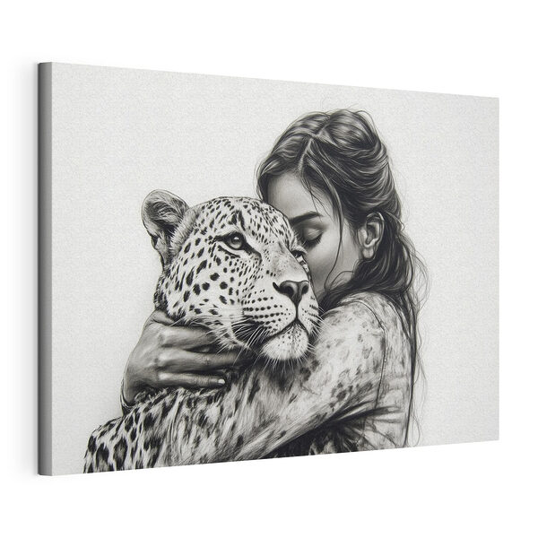 Disegno di una donna che abbraccia un leopardo Stampa su tela Disegno di una donna che abbraccia un leopardo