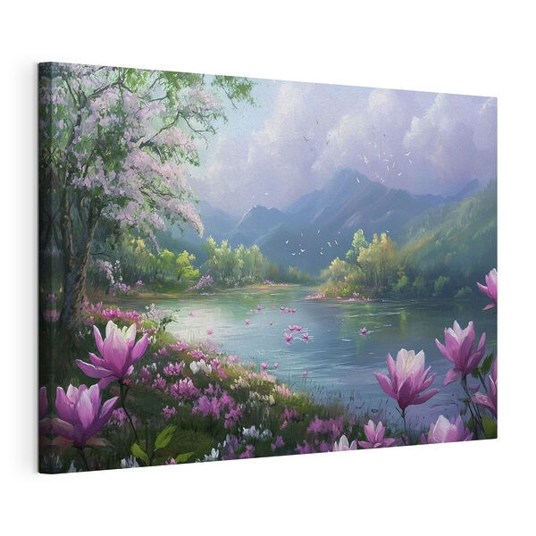 Fiume con fiori e montagne sullo sfondo Stampa su tela Fiume con fiori e montagne sullo sfondo
