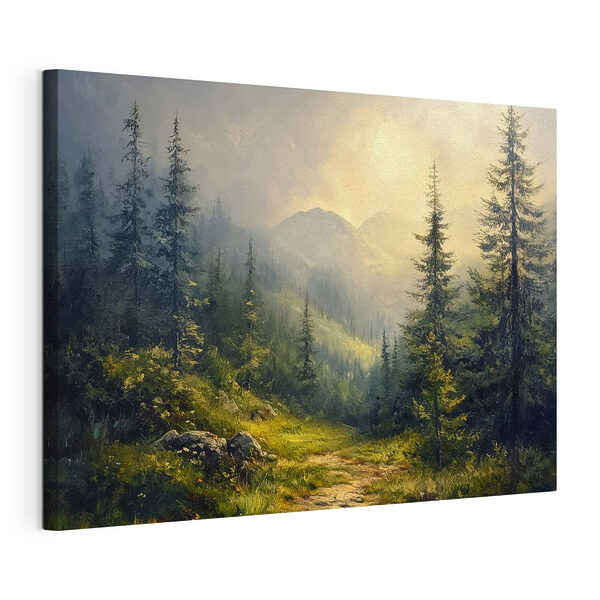 Dipinto raffigurante una foresta con montagne e alberi Stampa su tela Dipinto raffigurante una foresta con montagne e alberi