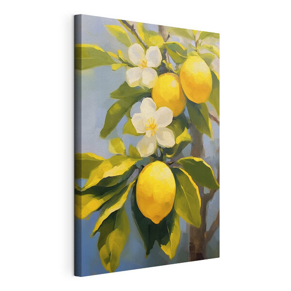 Stampa su tela Dipinto raffigurante limoni e fiori su un albero