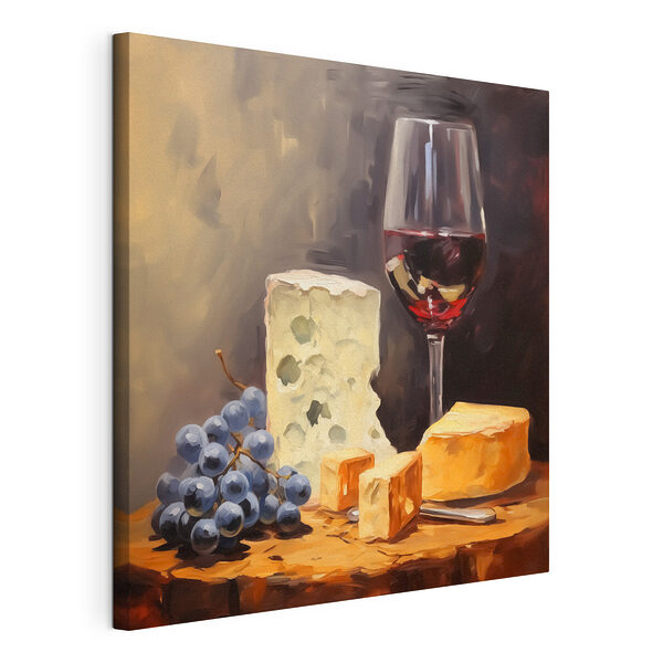 Un bicchiere di vino e del formaggio su un tavolo Stampa su tela Un bicchiere di vino e del formaggio su un tavolo