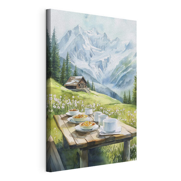 Stampa su tela Tavolo con piatti di cibo e tazze, con le montagne sullo sfondo