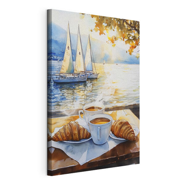Acquerello raffigurante un tavolo con caffè e croissant Stampa su tela Acquerello raffigurante un tavolo con caffè e croissant