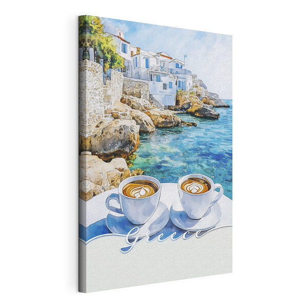 Due tazze di caffè su un tavolino in riva al mare Stampa su tela Due tazze di caffè su un tavolino in riva al mare