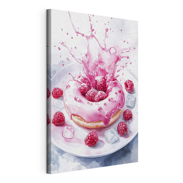 Ciambella con glassa rosa e lamponi che cadono su un piatto bianco Stampa su tela Ciambella con glassa rosa e lamponi che cadono su un piatto bianco