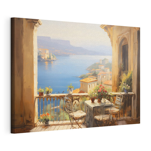 Dipinto raffigurante un balcone affacciato su uno specchio d'acqua Stampa su tela Dipinto raffigurante un balcone affacciato su uno specchio d'acqua