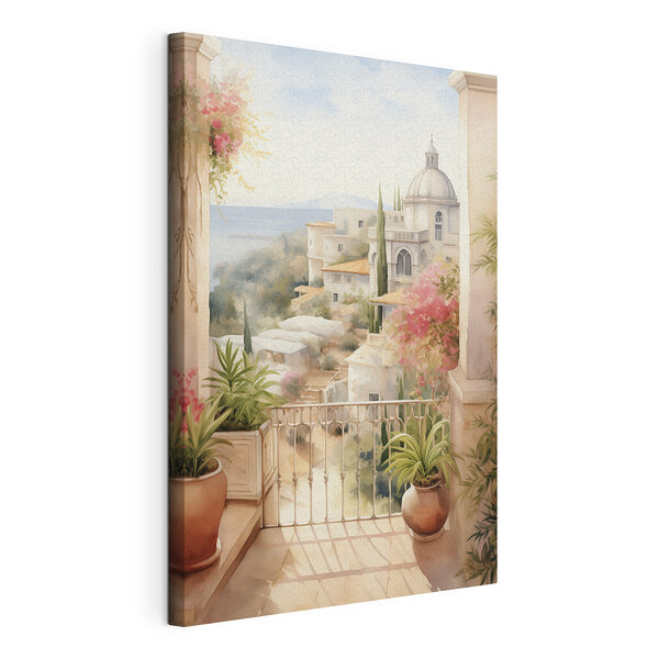 Acquerello raffigurante un balcone con vista sulla città Stampa su tela Acquerello raffigurante un balcone con vista sulla città
