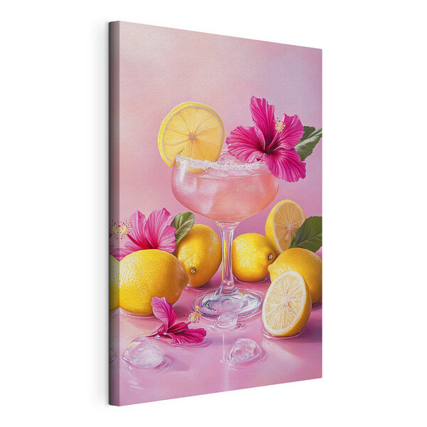 Stampa su tela Bicchiere con una bevanda rosa e dei limoni