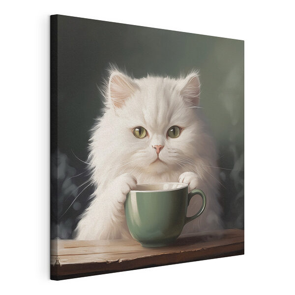 Gatto con una tazza in mano Stampa su tela Gatto con una tazza in mano