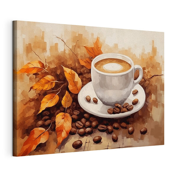 Tazza da caffè e chicchi di caffè su un piattino Stampa su tela Tazza da caffè e chicchi di caffè su un piattino