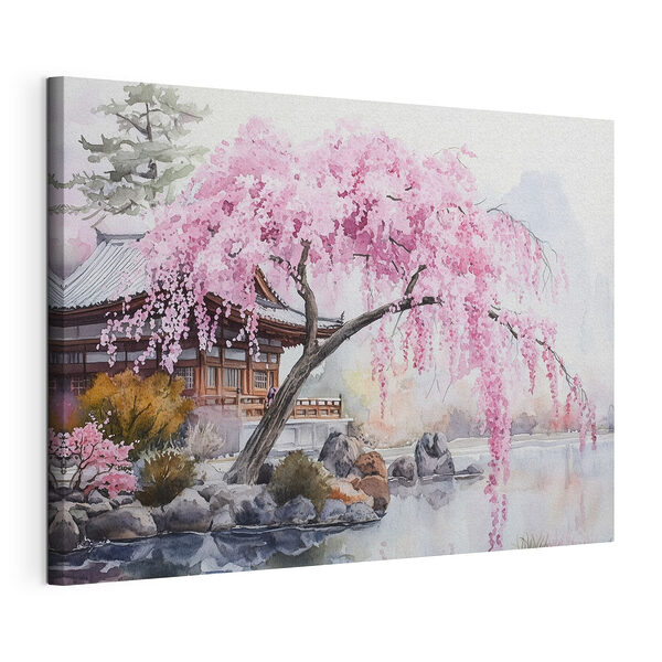 Stampa su tela Acquerello raffigurante un albero con fiori rosa