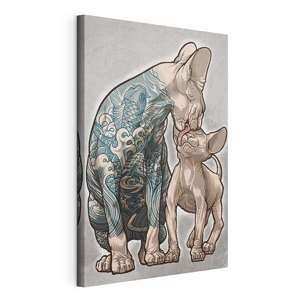 Disegno di un gatto che lecca un cane senza pelo Stampa su tela Disegno di un gatto che lecca un cane senza pelo