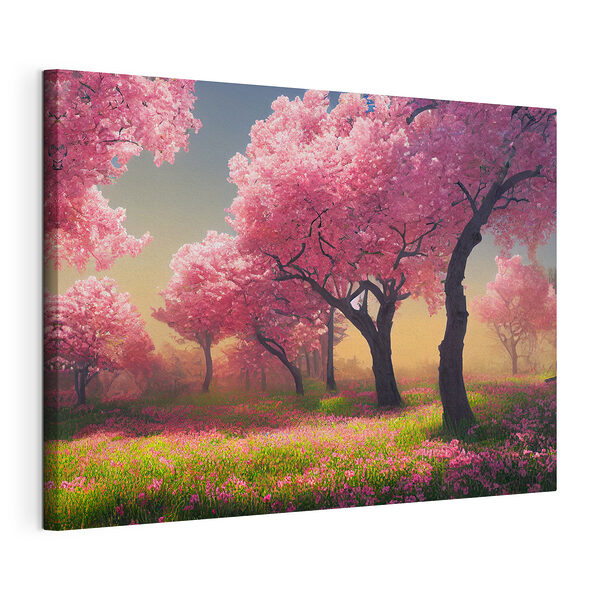 Stampa su tela Campo di fiori rosa con alberi