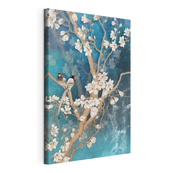 Stampa su tela Albero con fiori bianchi e uccelli