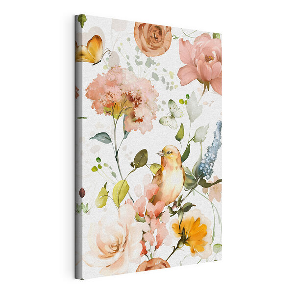 Stampa su tela Uccello e fiori su sfondo bianco