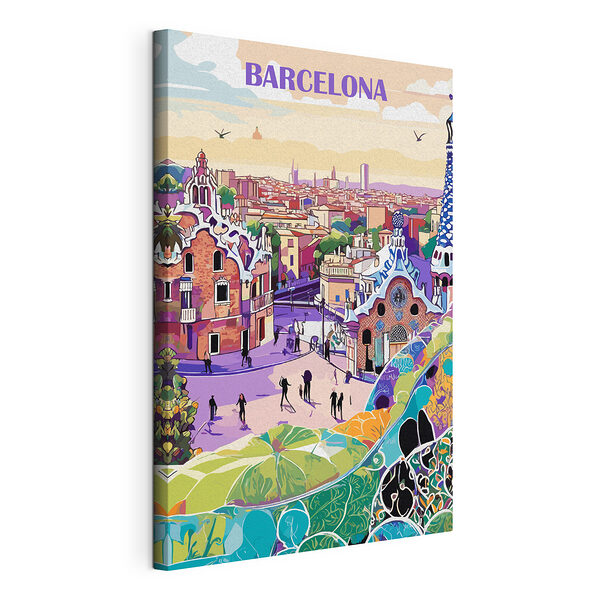 Stampa su tela Panorama urbano colorato con persone che camminano per strada