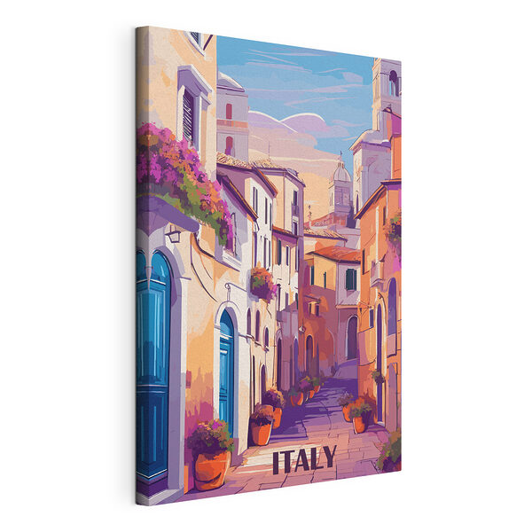 Stampa su tela Dipinto raffigurante una strada con edifici e fiori