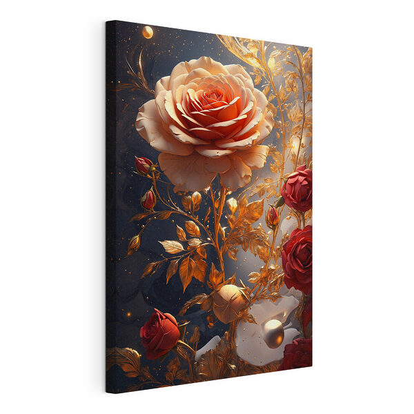 Rosa lussuosa con foglie metallizzate Stampa su tela Rosa lussuosa con foglie metallizzate