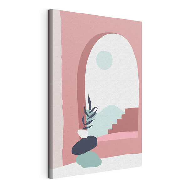 Stampa su tela Illustrazione in rosa e blu di una finestra con una pianta in un vaso
