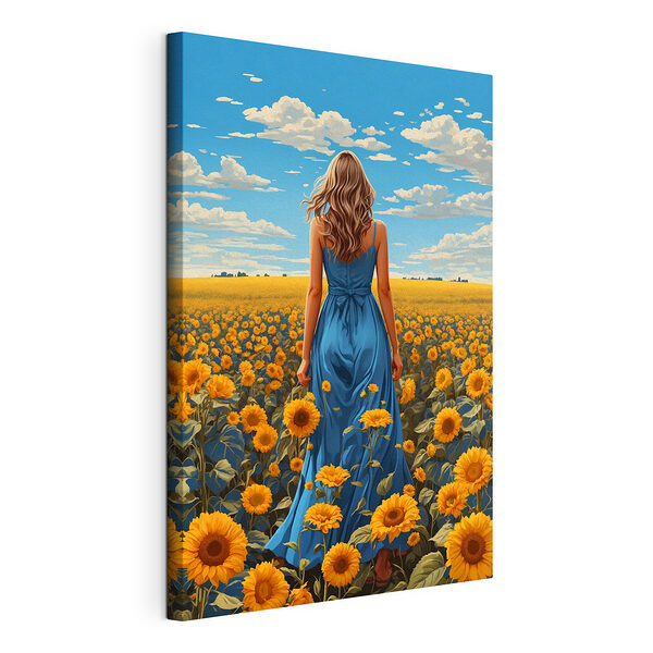 Stampa su tela Una donna con un vestito blu in un campo di girasoli