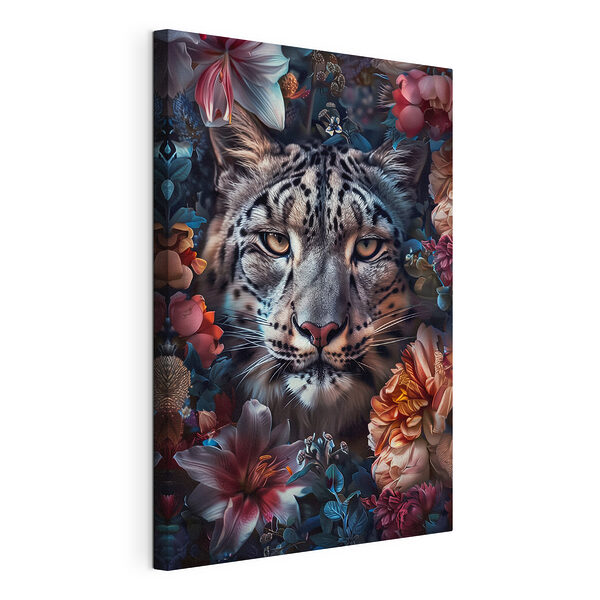Un maestoso leopardo circondato da fiori dai colori vivaci Stampa su tela Un maestoso leopardo circondato da fiori dai colori vivaci