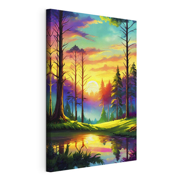 Stampa su tela Tramonto dai colori vivaci in una foresta