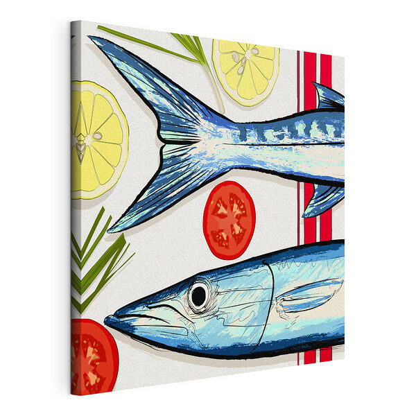 Stampa su tela Pesce con fette di limone e pomodoro