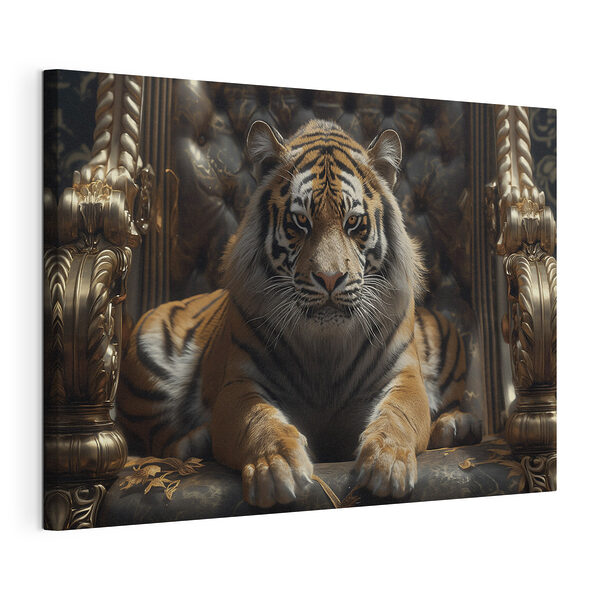 Maestosa tigre distesa su un trono decorato Stampa su tela Maestosa tigre distesa su un trono decorato