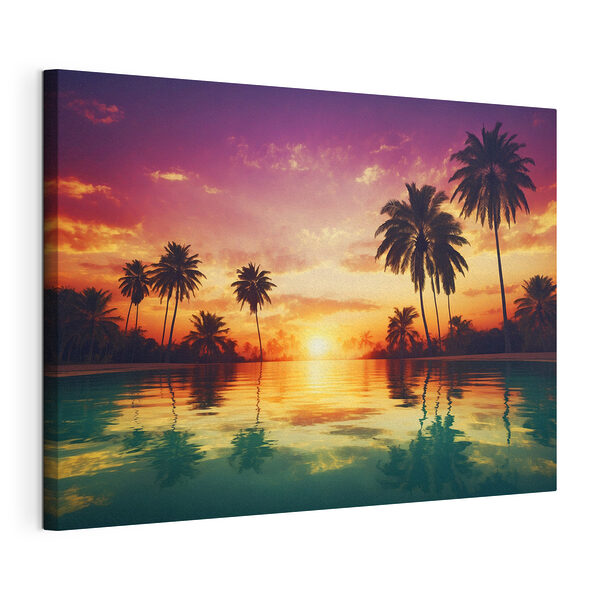 Tramonto su uno specchio d'acqua con palme Stampa su tela Tramonto su uno specchio d'acqua con palme