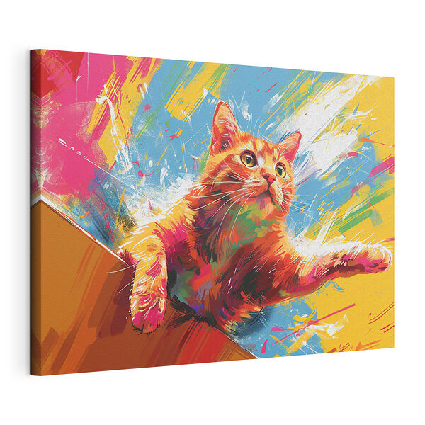 Un gatto dai colori vivaci salta tra gli schizzi d'acqua Stampa su tela Un gatto dai colori vivaci salta tra gli schizzi d'acqua