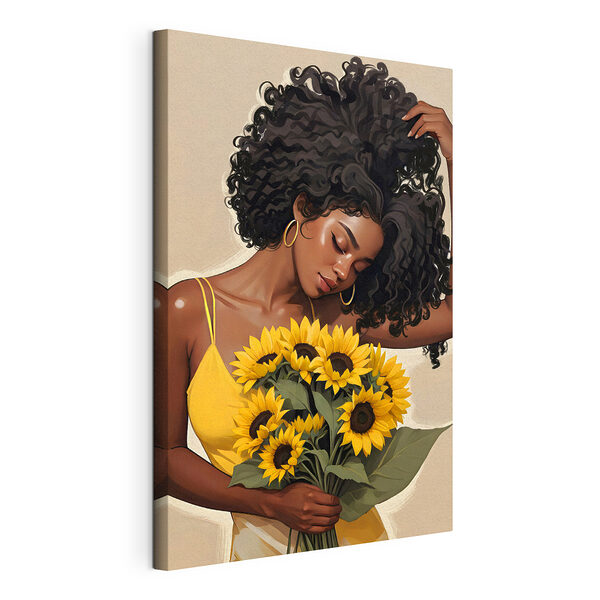 Donna con in mano un mazzo di girasoli Stampa su tela Donna con in mano un mazzo di girasoli