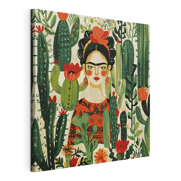 Donna circondata da cactus dai colori vivaci Stampa su tela Donna circondata da cactus dai colori vivaci