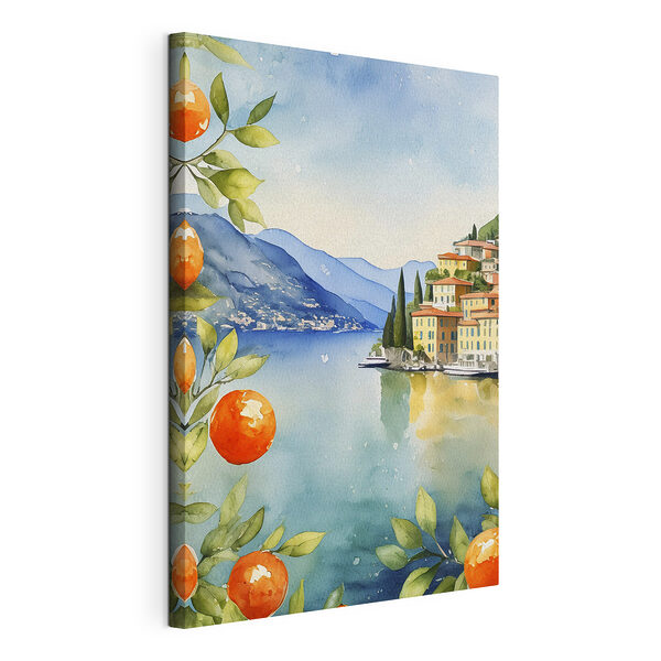 Villaggio in riva al lago con alberi di arancio Stampa su tela Villaggio in riva al lago con alberi di arancio