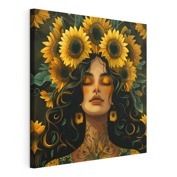 Donna con dei girasoli tra i capelli Stampa su tela Donna con dei girasoli tra i capelli
