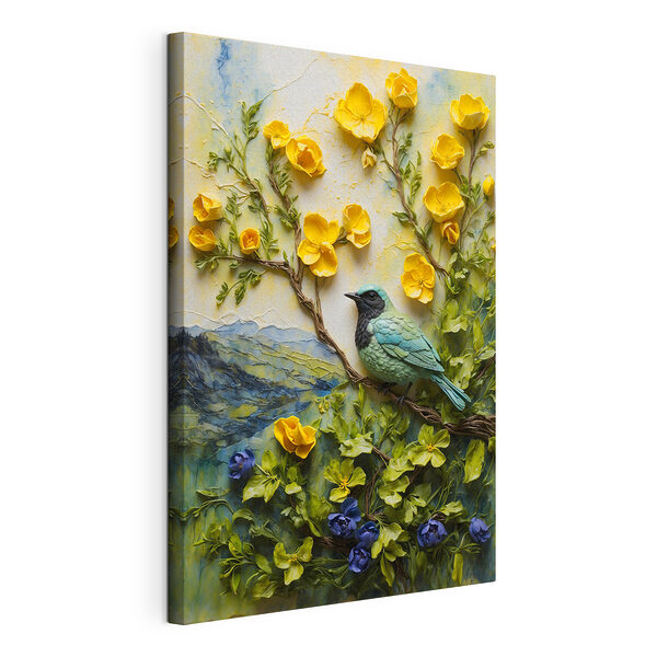 Stampa su tela Uccello dai colori vivaci con fiori in fiore